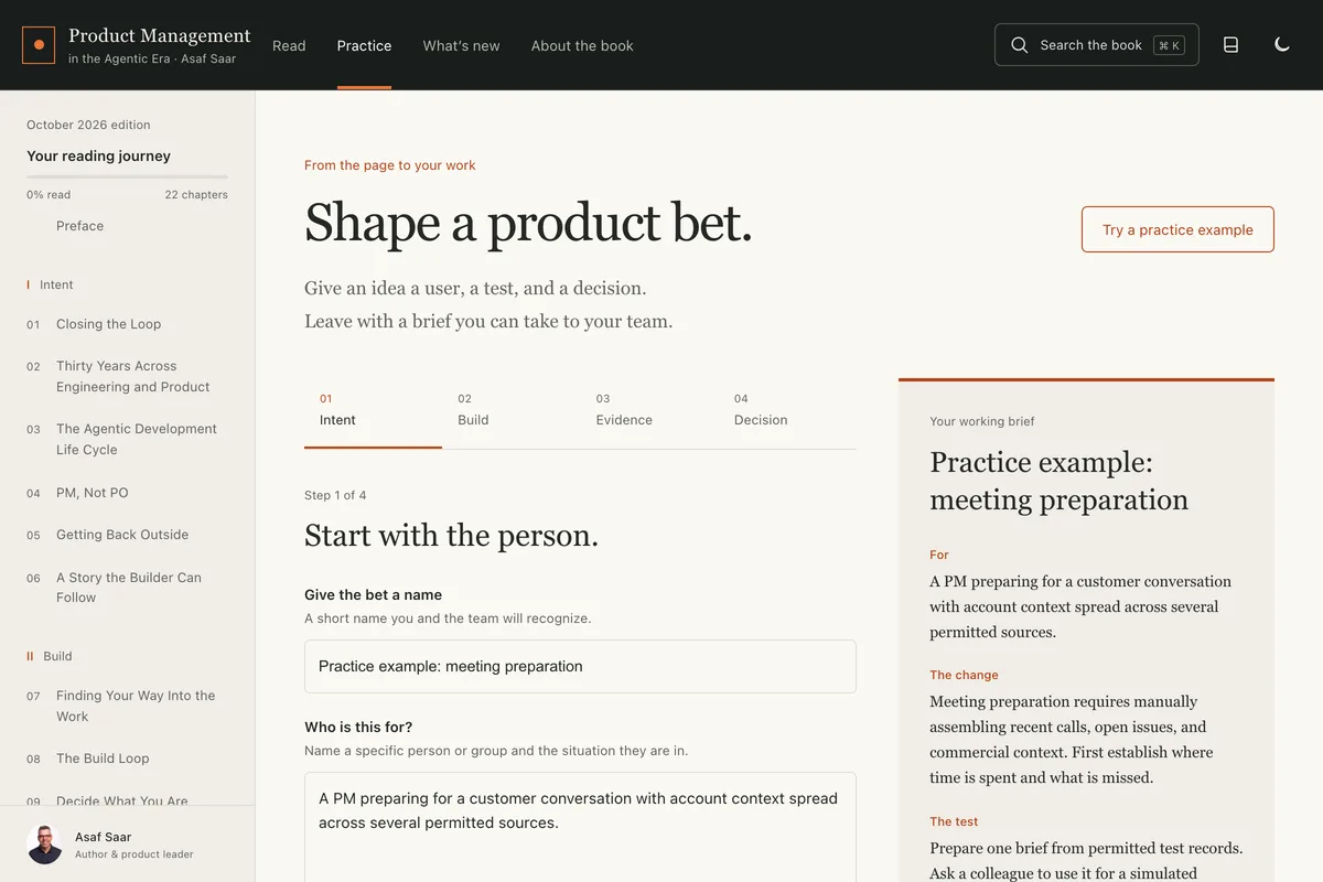 The practice workspace: prompts for shaping a product bet beside a live brief.